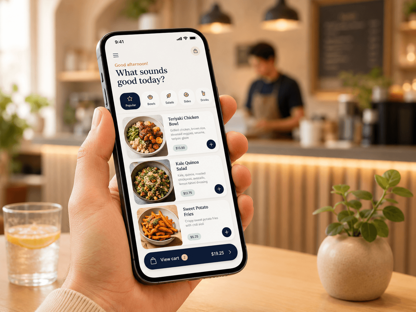Kunde som ser på en restaurantmeny på telefonen